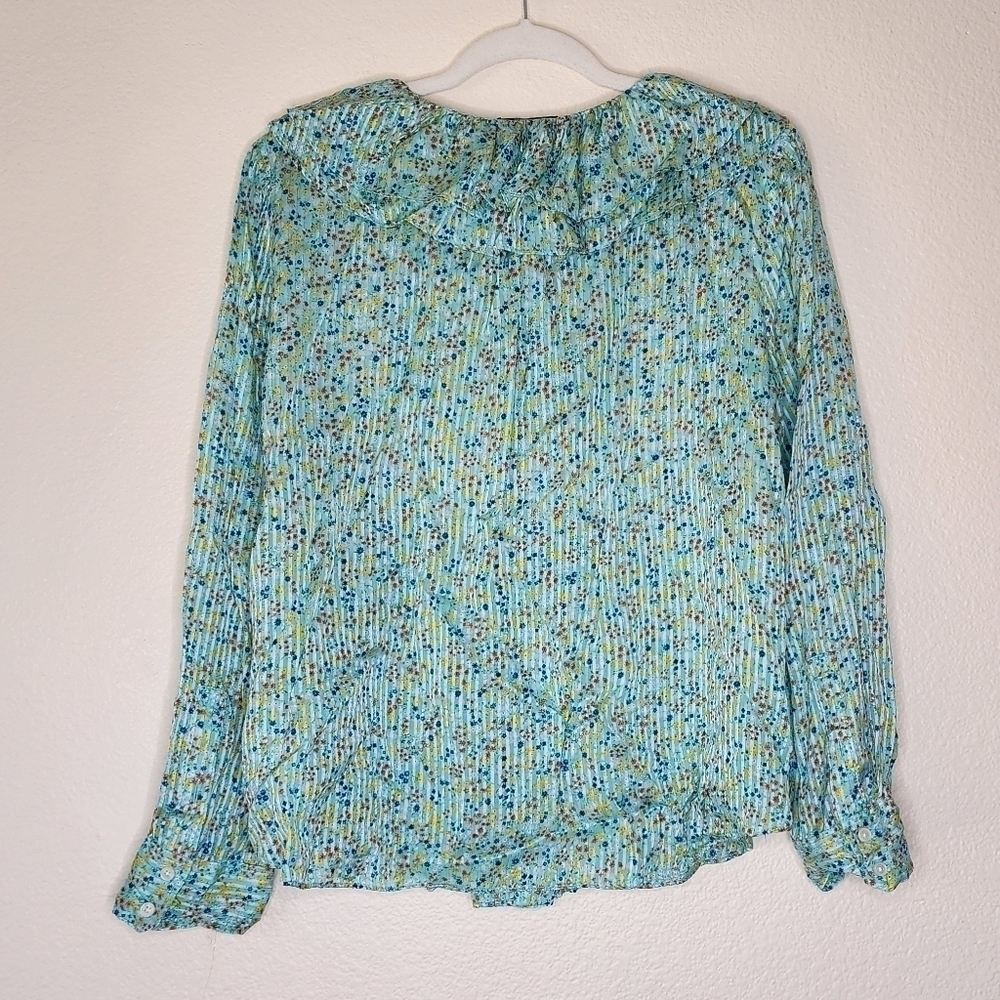 J. Crew Aqua Floral Field Day Print Ruffle Blouse L - Picture 4 of 9